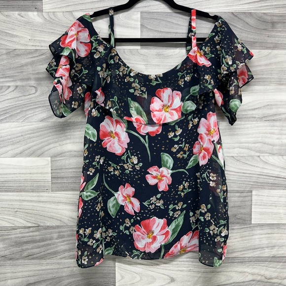 CAbi Tops - CAbi Top Tunic‎ Women's S Navy Blue Floral Lined Cold Shoulder Adjustable Strap